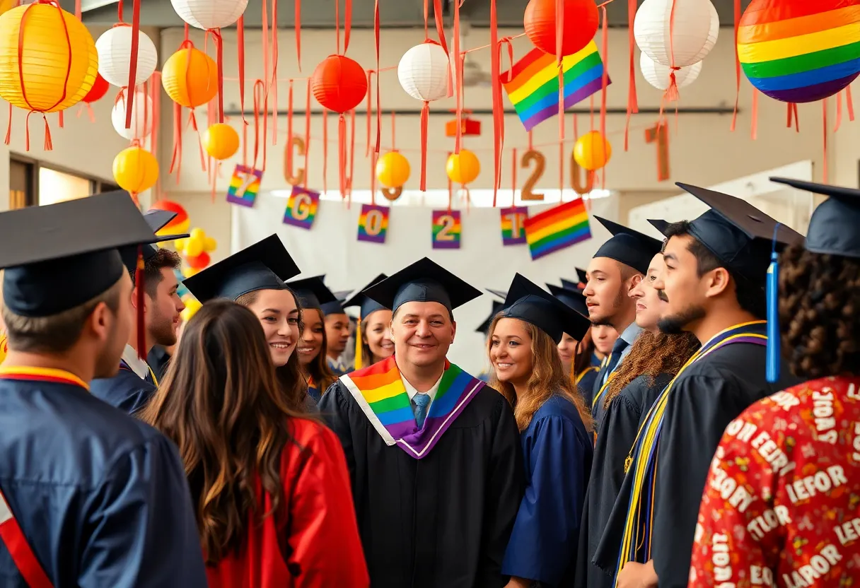 A diverse group celebrating graduation at a community event.