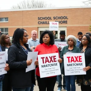 Community members discussing tax proposals outside a school board meeting.