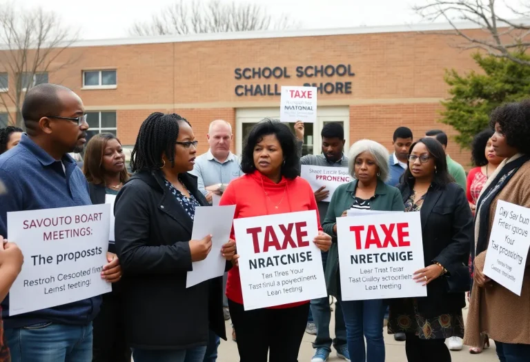 Community members discussing tax proposals outside a school board meeting.