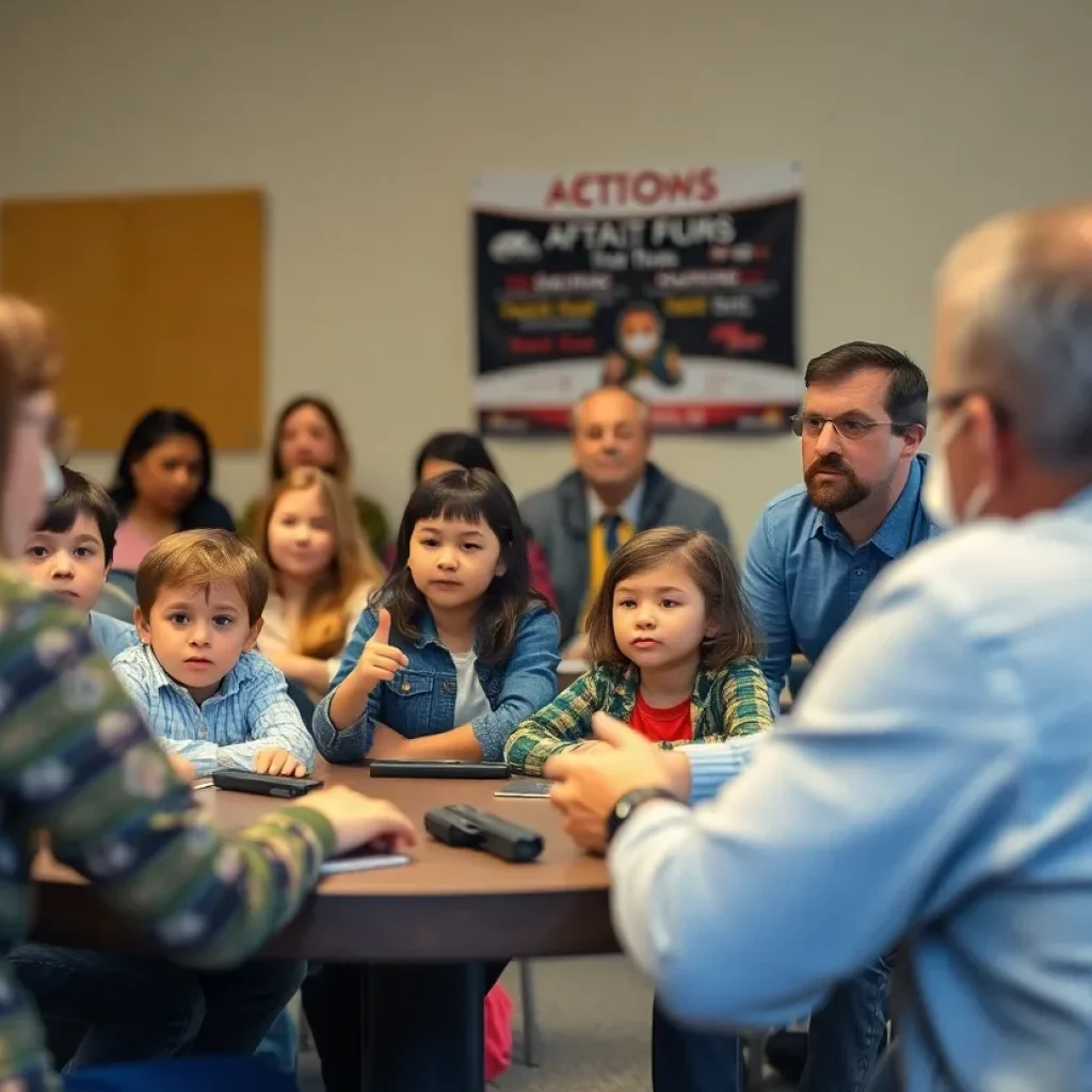 Families participating in a gun safety education event.