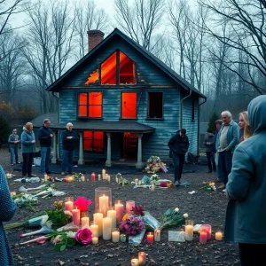 Community members gathering in front of a burnt house, laying flowers and candles.
