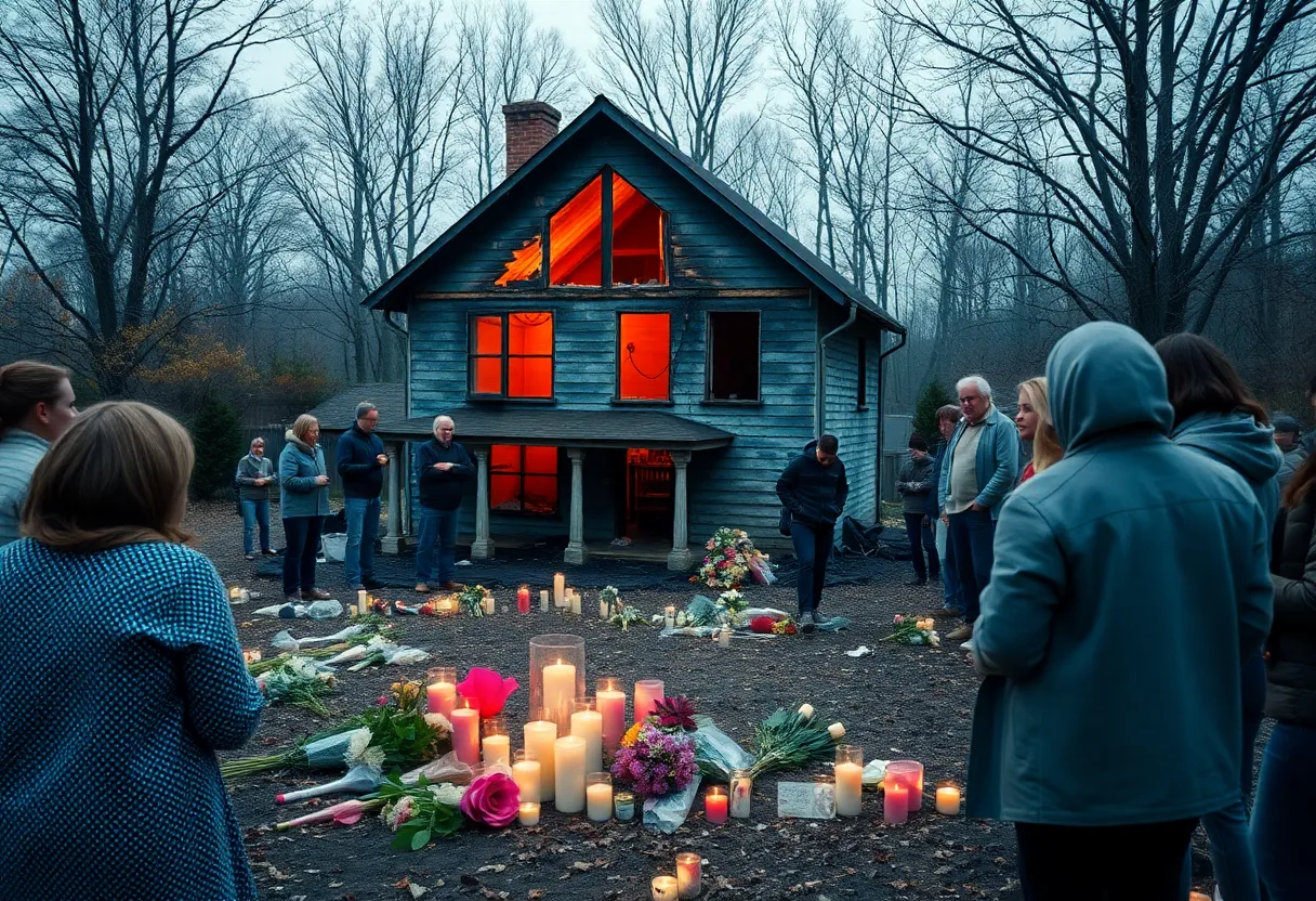 Community members gathering in front of a burnt house, laying flowers and candles.