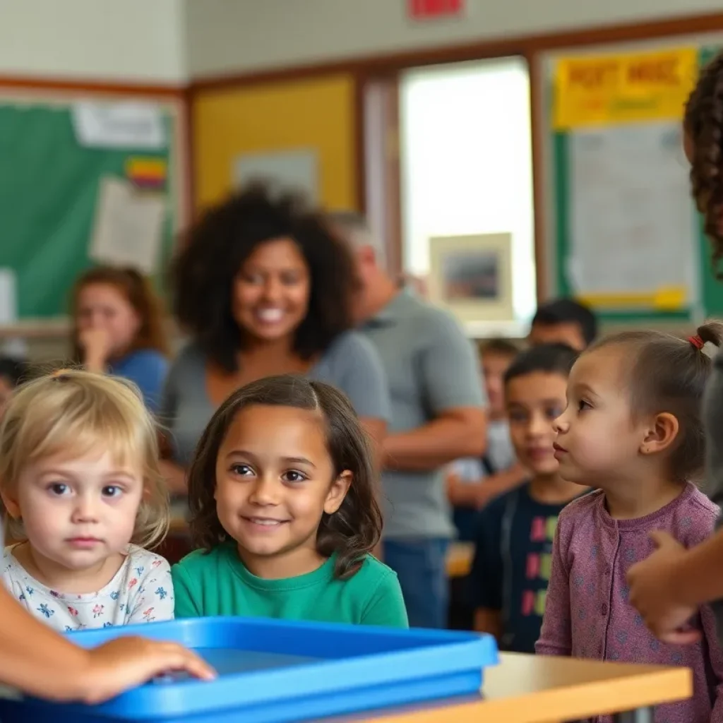 Families and children collaborating in a school to recover after a tornado.
