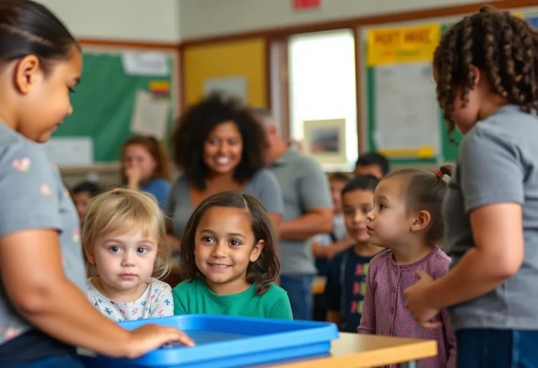 Families and children collaborating in a school to recover after a tornado.