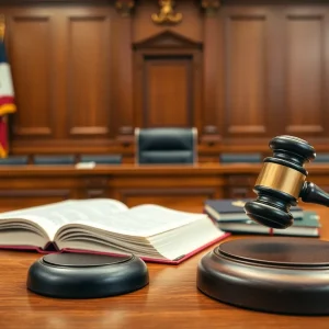 Illustration of a courtroom with judge's bench and legal books