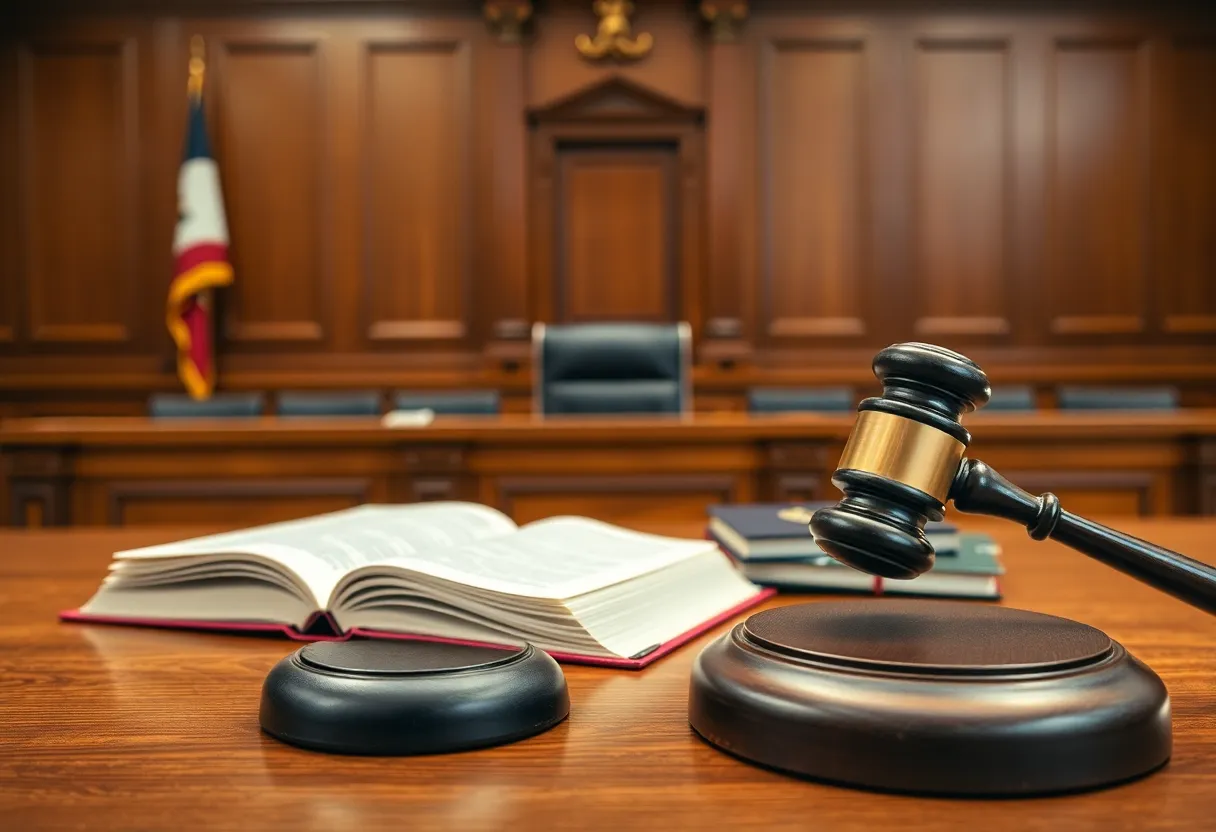 Illustration of a courtroom with judge's bench and legal books