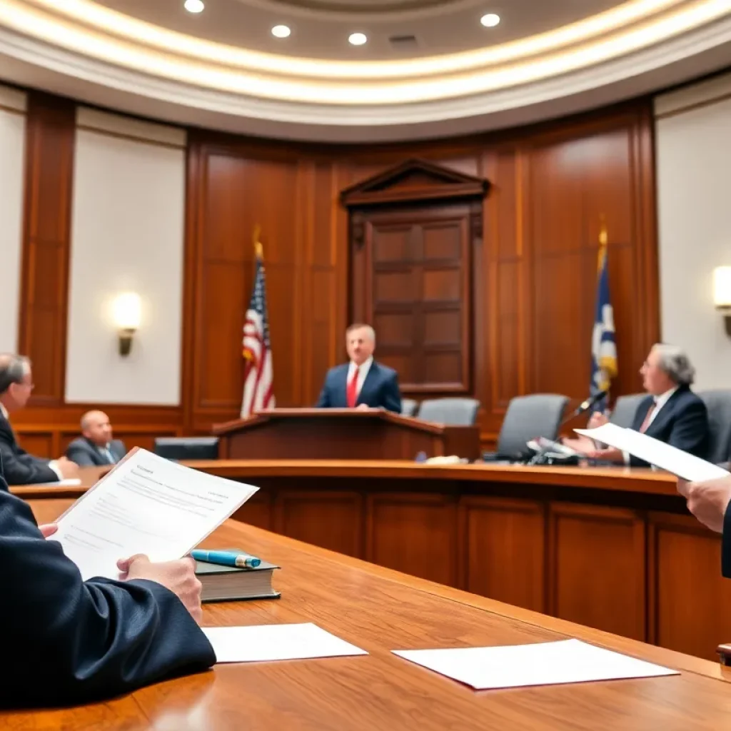 A courtroom scene with attorneys in action during a trial.