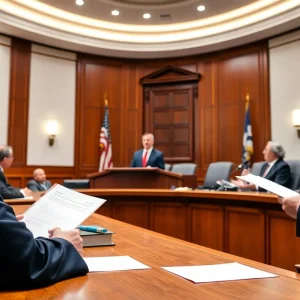 A courtroom scene with attorneys in action during a trial.