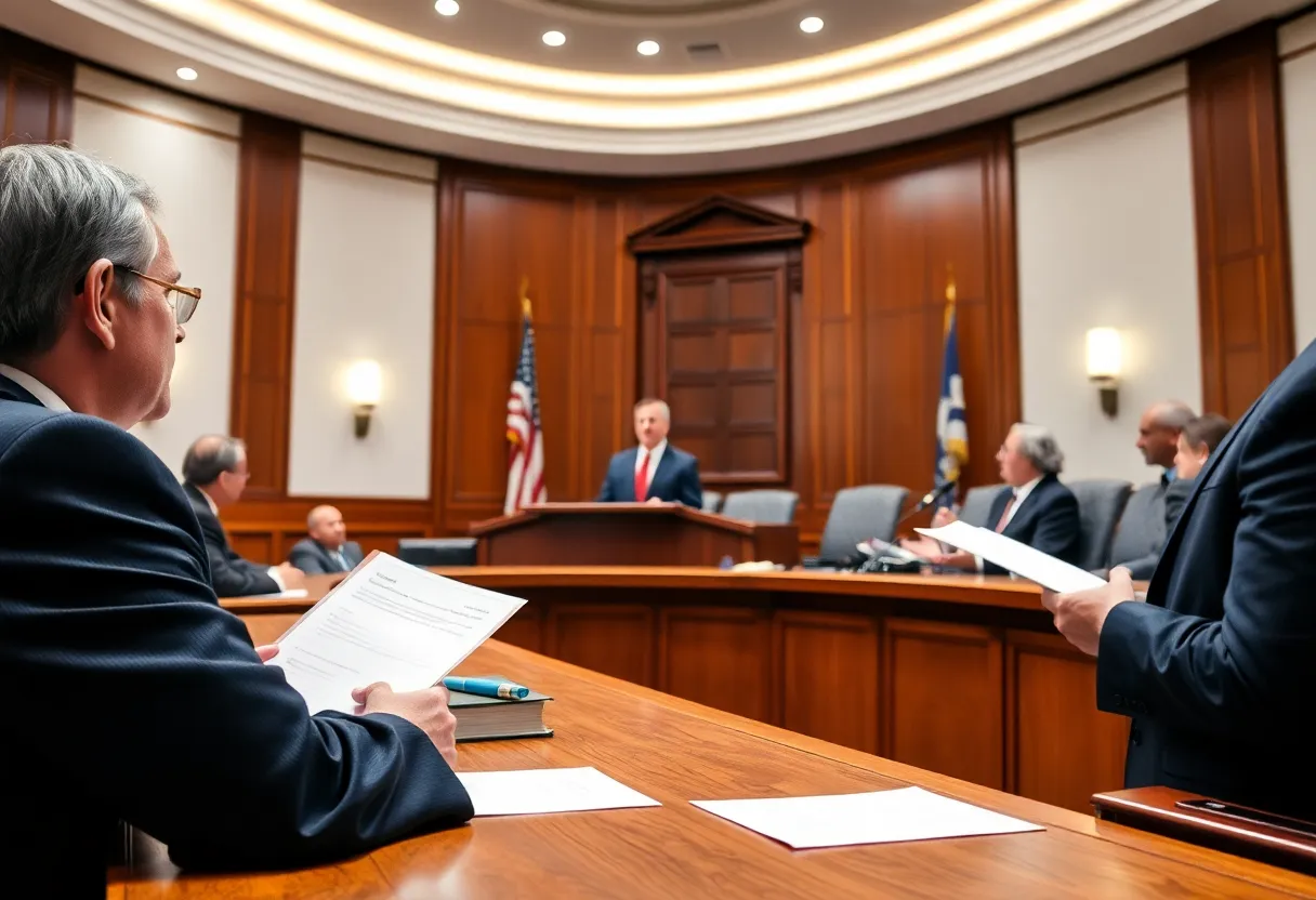 A courtroom scene with attorneys in action during a trial.