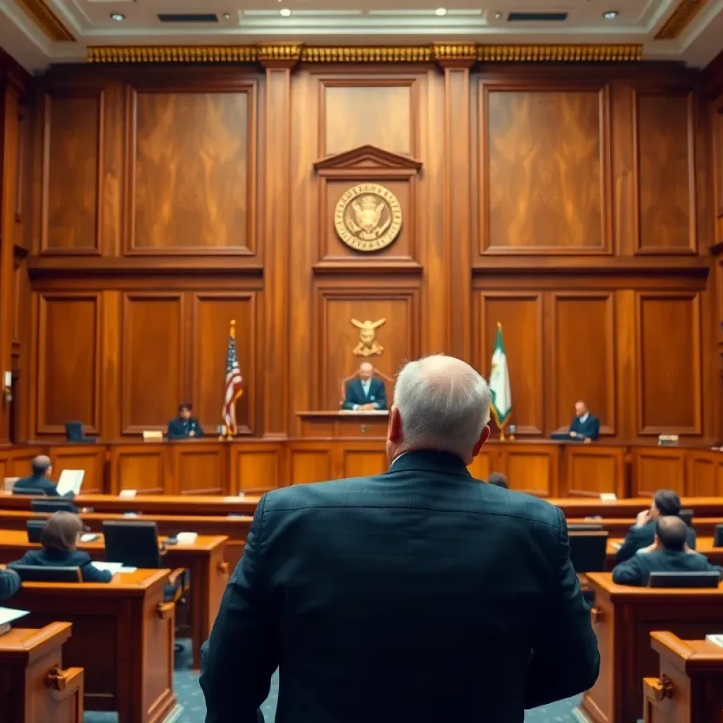 Courtroom scene with judge presiding over a legal case