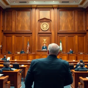 Courtroom scene with judge presiding over a legal case