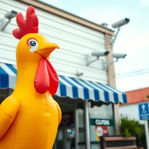 Deflated inflatable chicken in front of Rural King store.