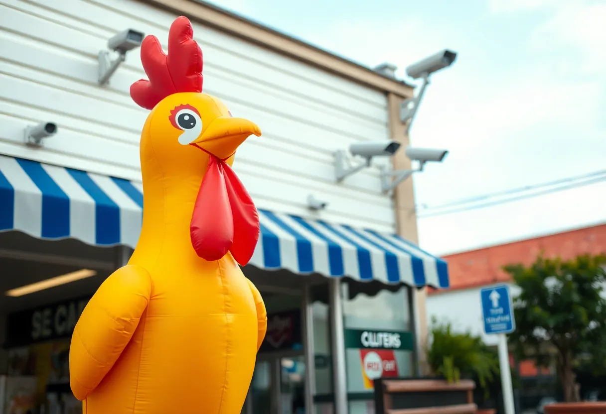 Deflated inflatable chicken in front of Rural King store.