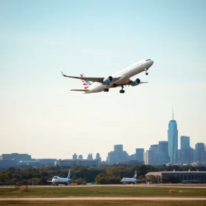 Delta Air Lines airplane departing from Blue Grass Airport towards New York City.