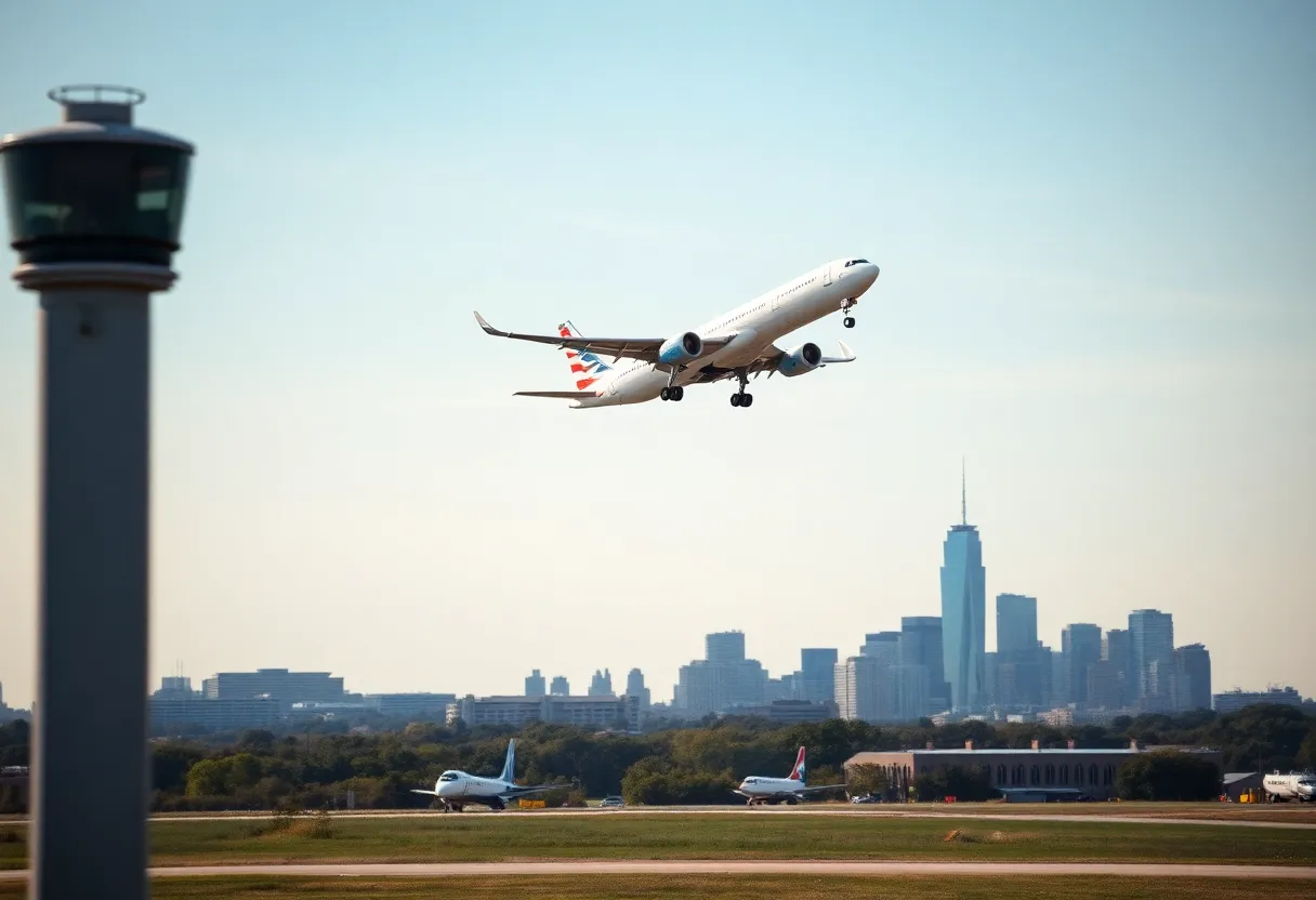 Delta Air Lines airplane departing from Blue Grass Airport towards New York City.