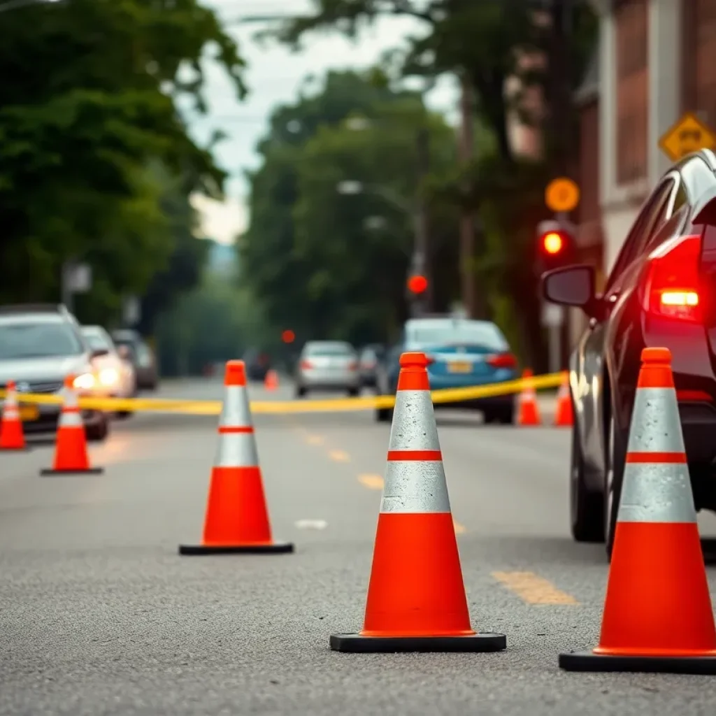 Traffic scene with visible signs of an accident involving a vehicle.