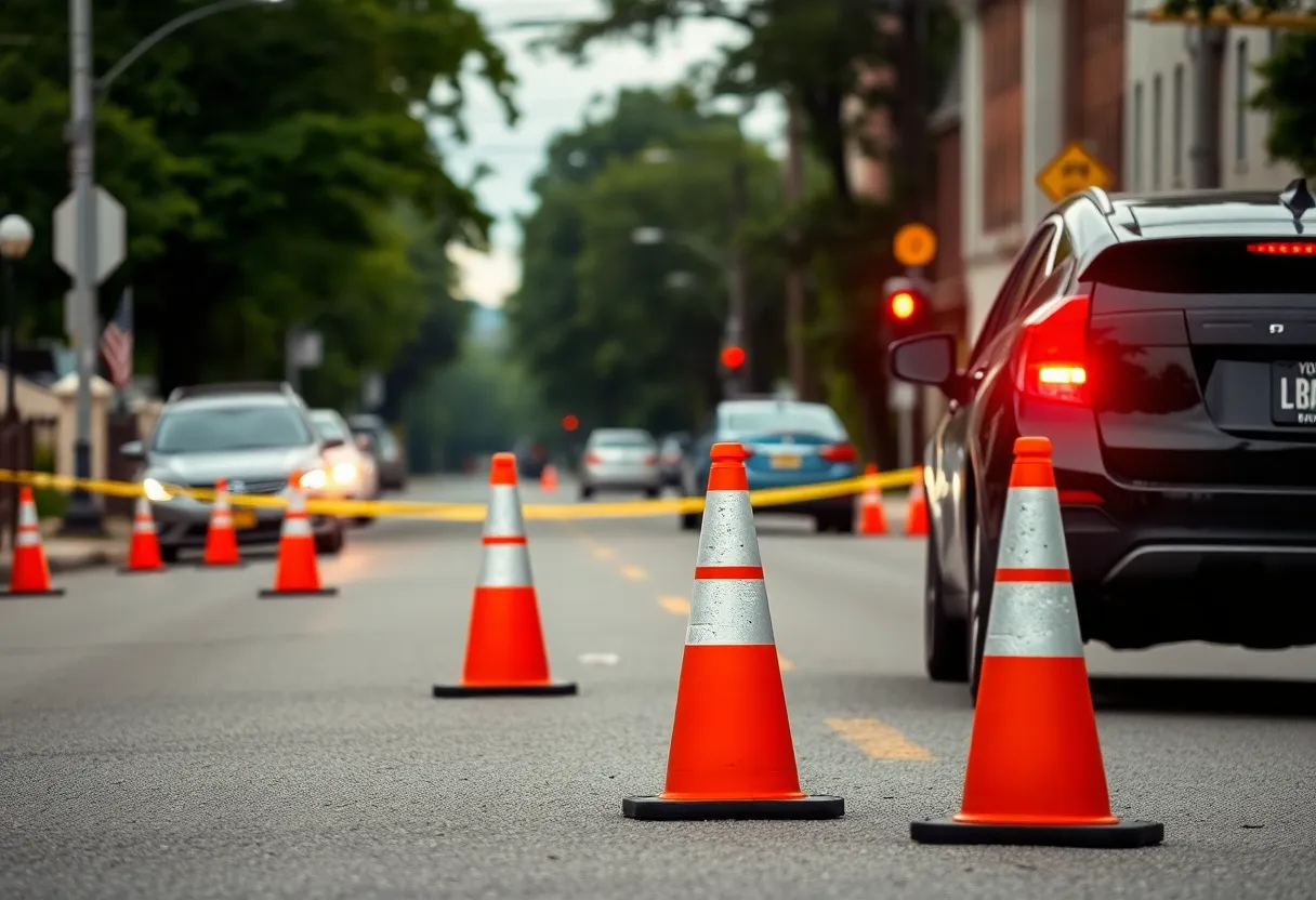 Traffic scene with visible signs of an accident involving a vehicle.