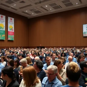 Crowd at university event discussing gender issues