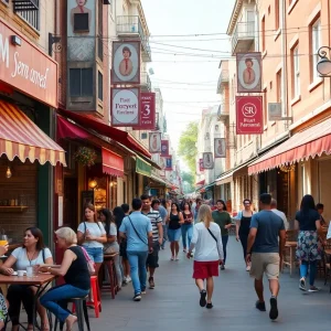 A lively Lexington street filled with women-owned shops and patrons enjoying the atmosphere.