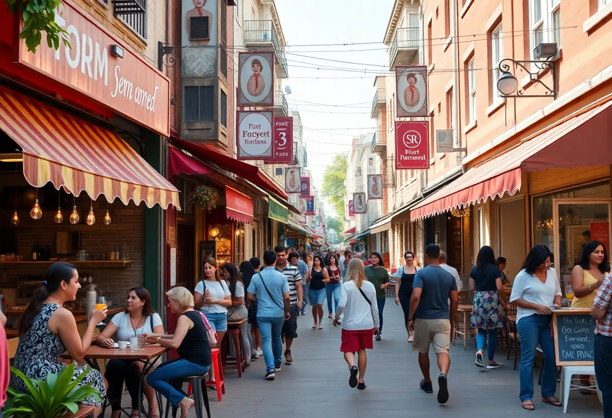 A lively Lexington street filled with women-owned shops and patrons enjoying the atmosphere.