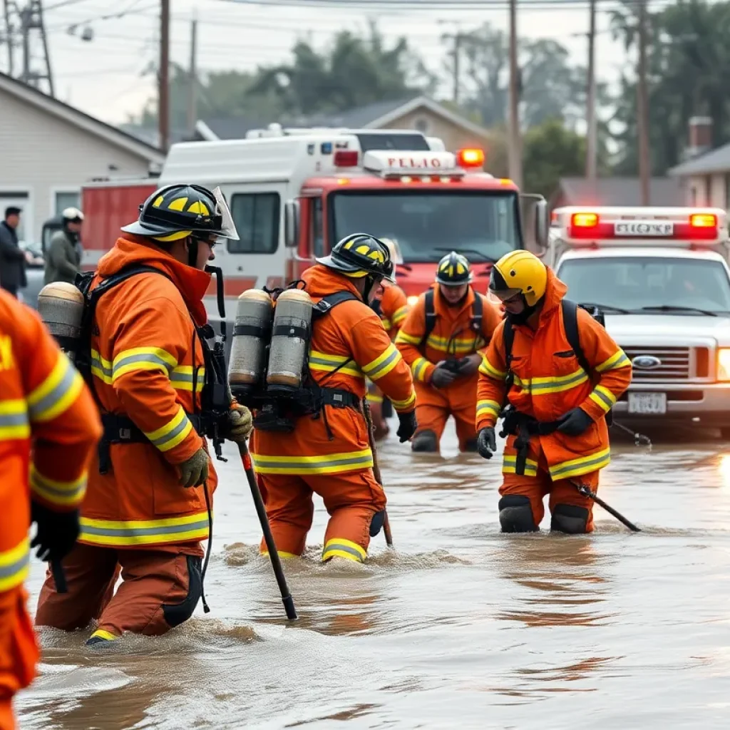 Firefighters conducting rescue operations in a flooded area