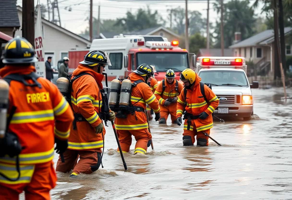 Firefighters conducting rescue operations in a flooded area