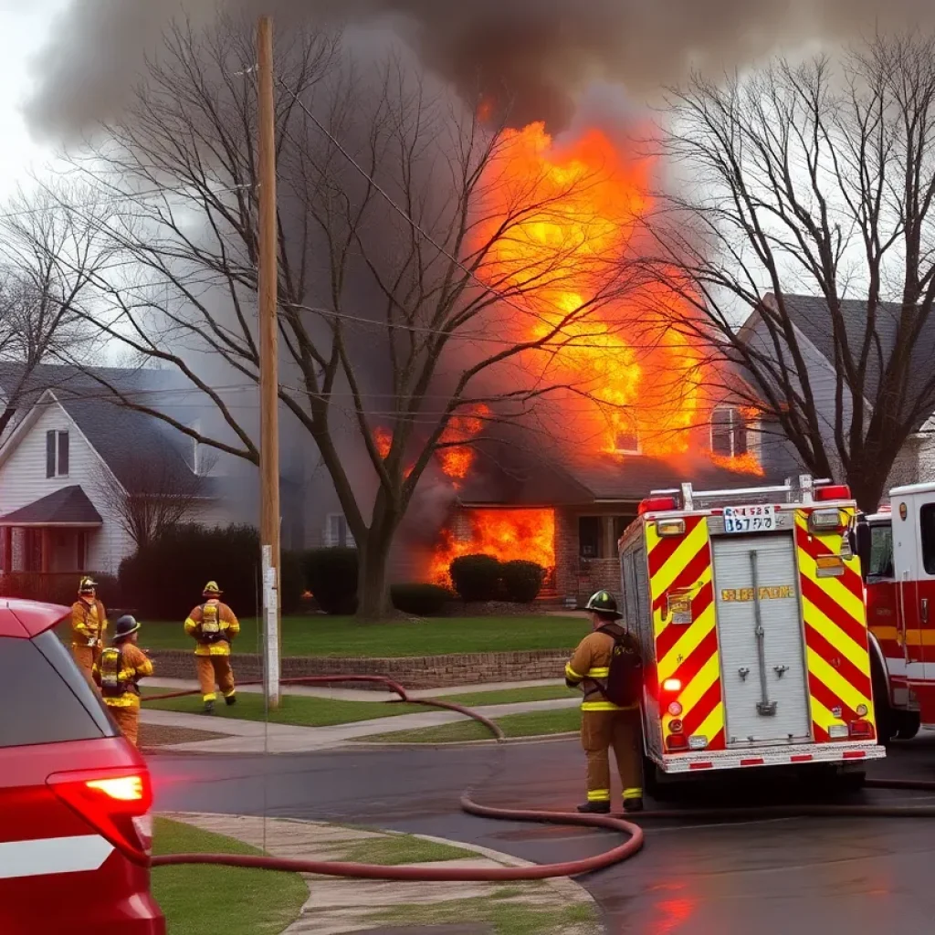 Firefighters extinguishing fire in a Lexington residential area