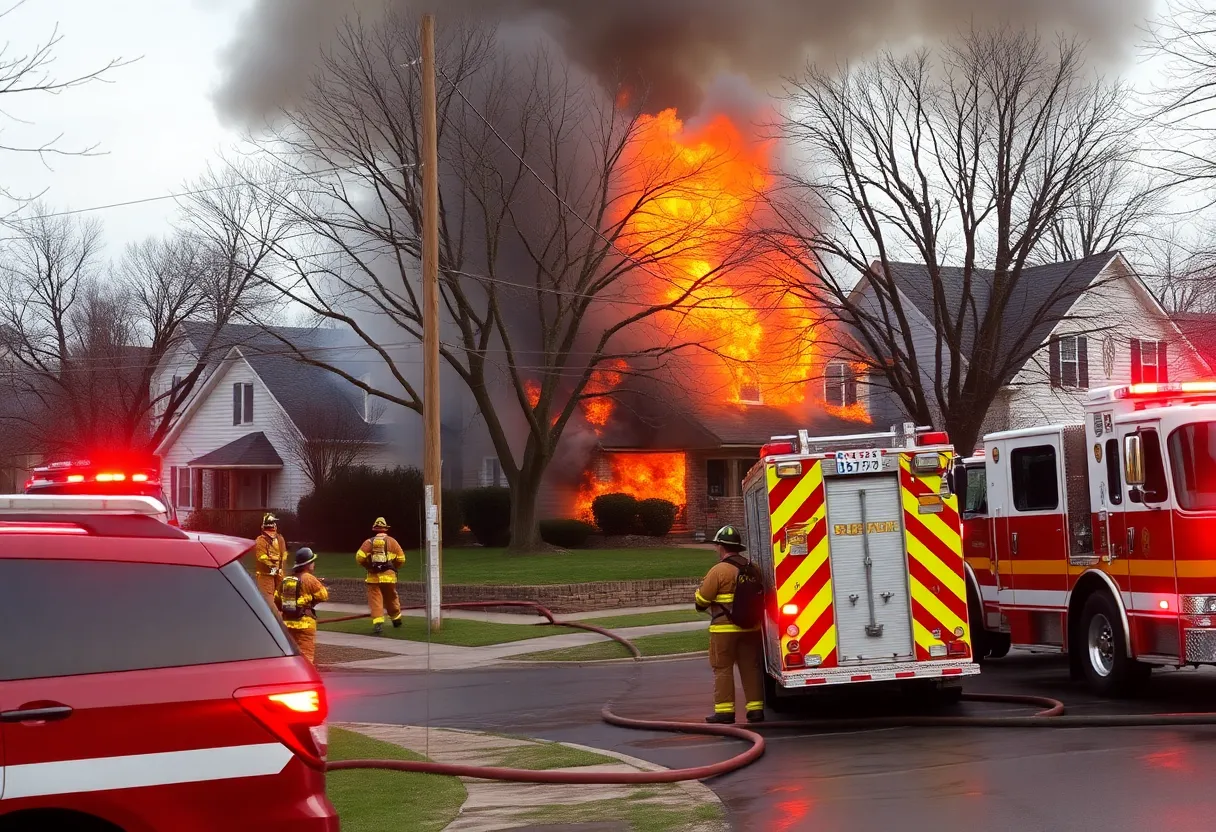 Firefighters extinguishing fire in a Lexington residential area