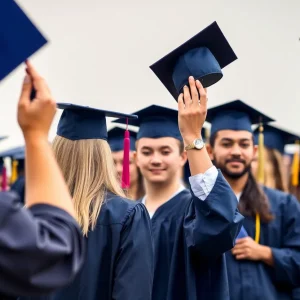 Diverse group of graduates in caps and gowns celebrating off-campus