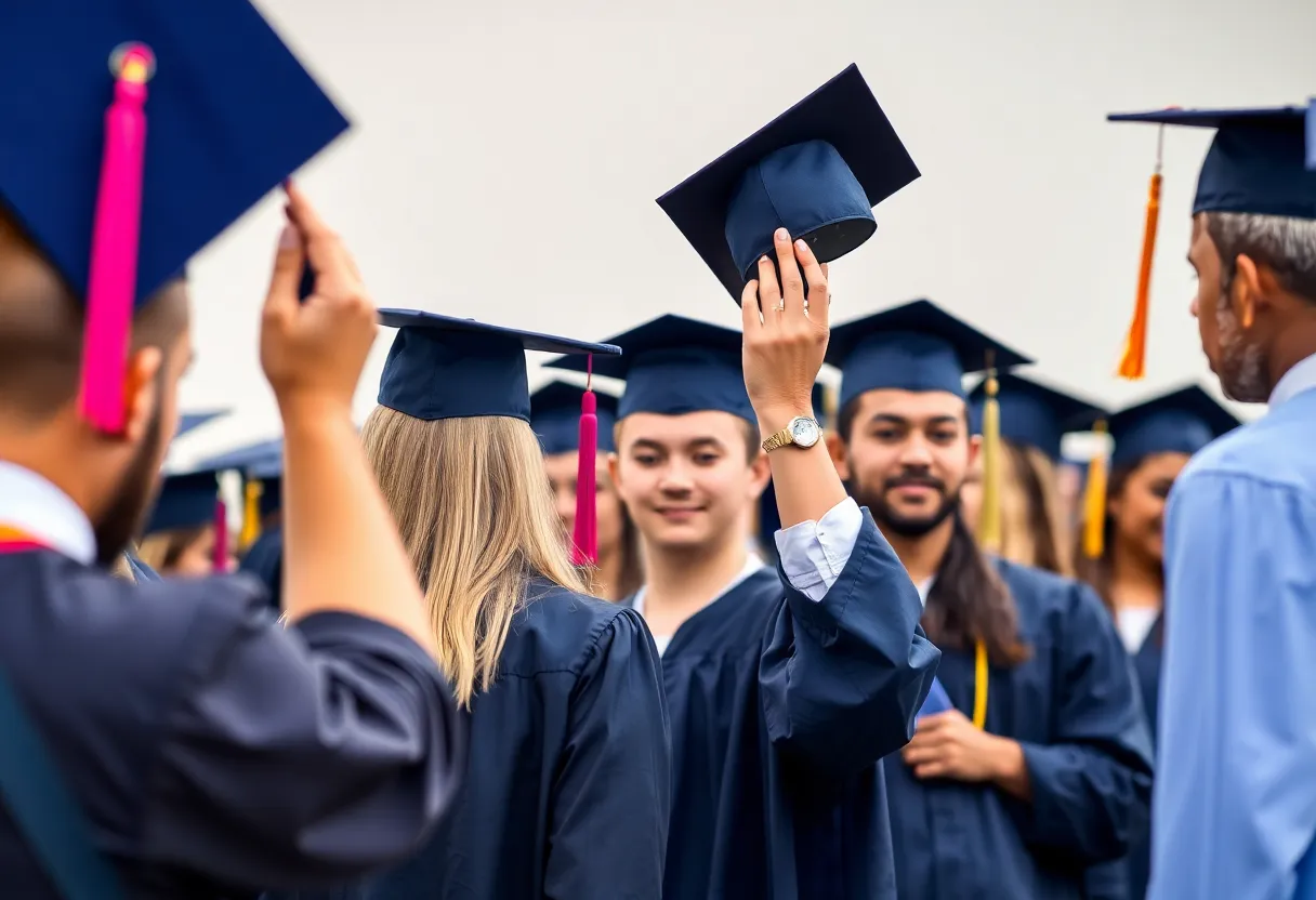 Diverse group of graduates in caps and gowns celebrating off-campus