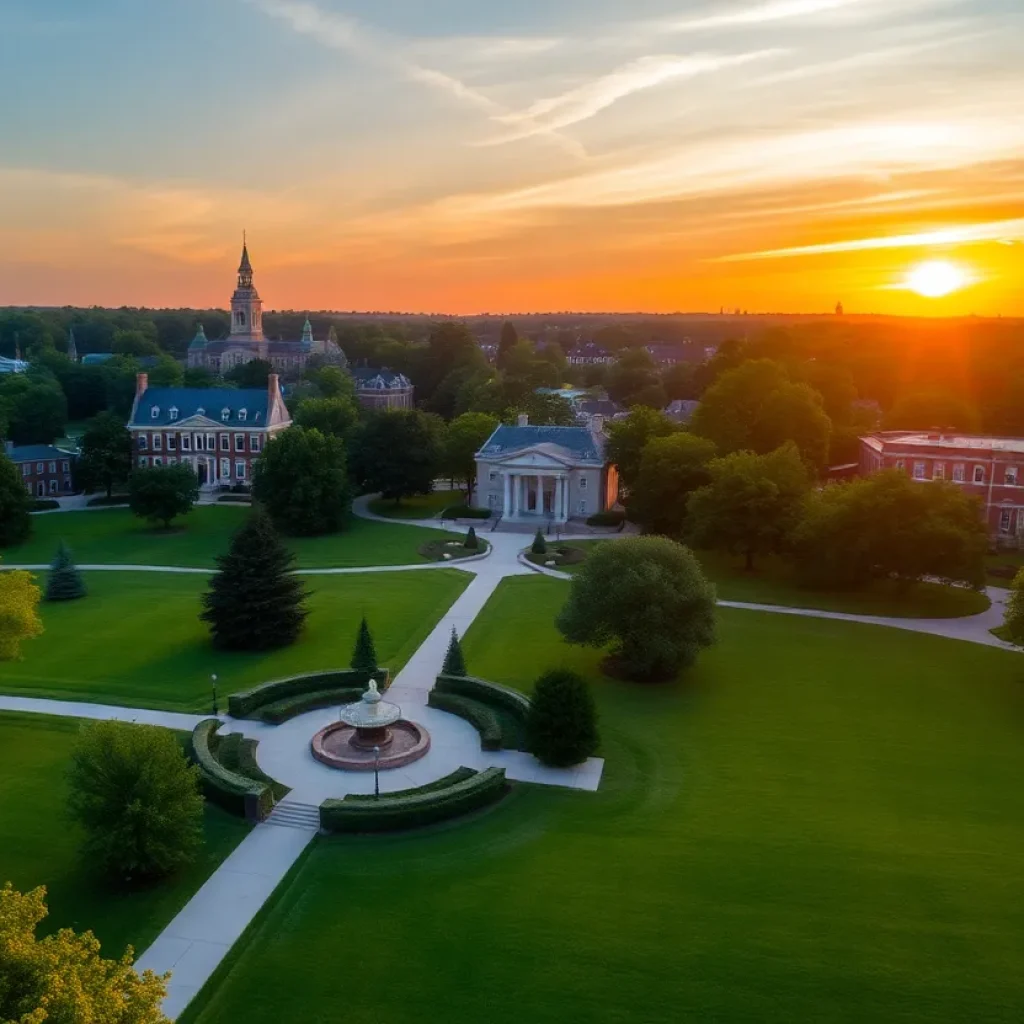 Aerial view of Gratz Park in Lexington, Kentucky during sunset.