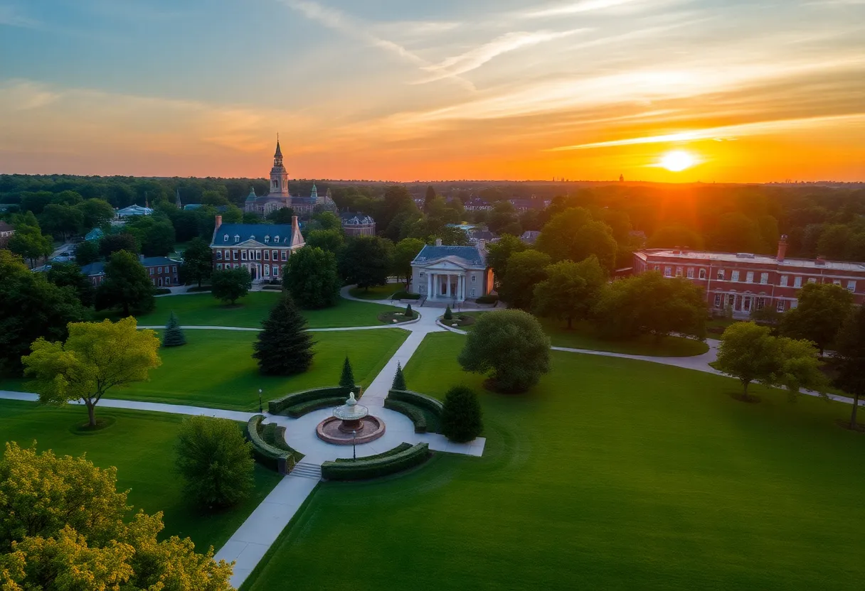 Aerial view of Gratz Park in Lexington, Kentucky during sunset.