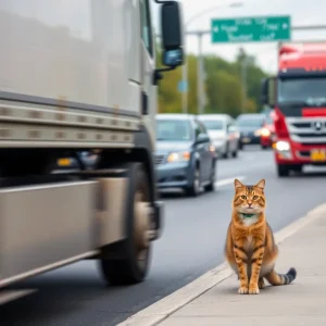 Roadway with a cat being rescued and a truck in motion