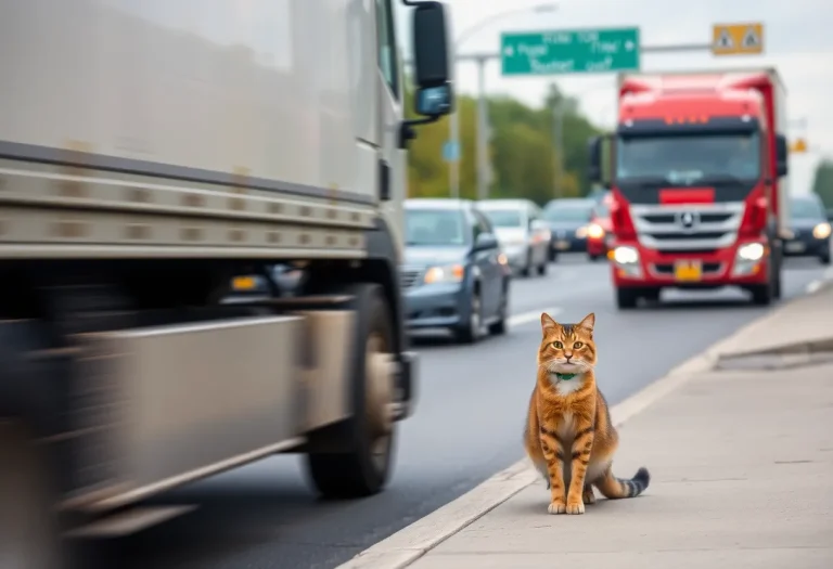 Roadway with a cat being rescued and a truck in motion