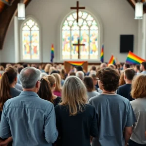 A diverse group of individuals gathered at a church, showing support for LGBTQ acceptance.