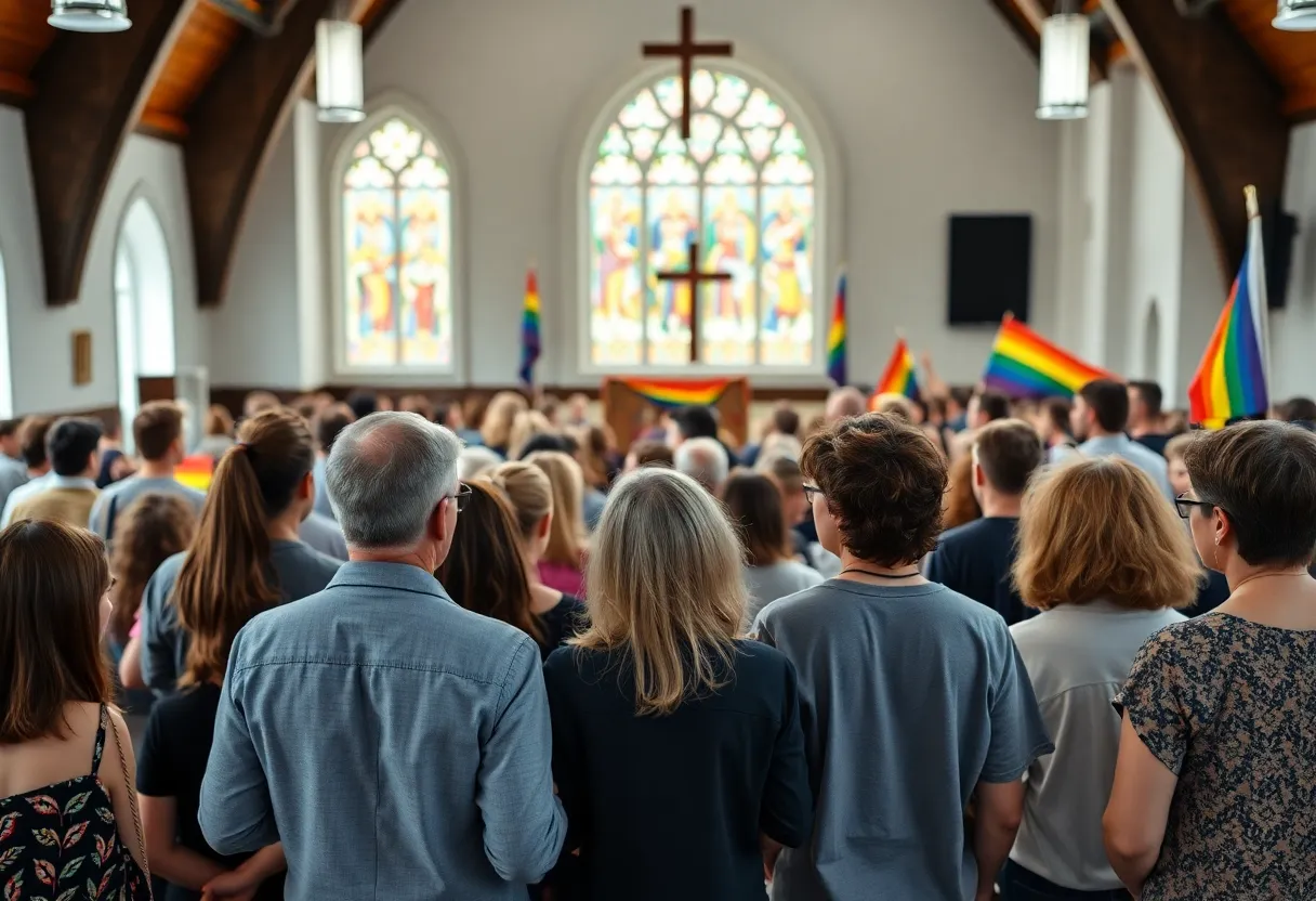 A diverse group of individuals gathered at a church, showing support for LGBTQ acceptance.
