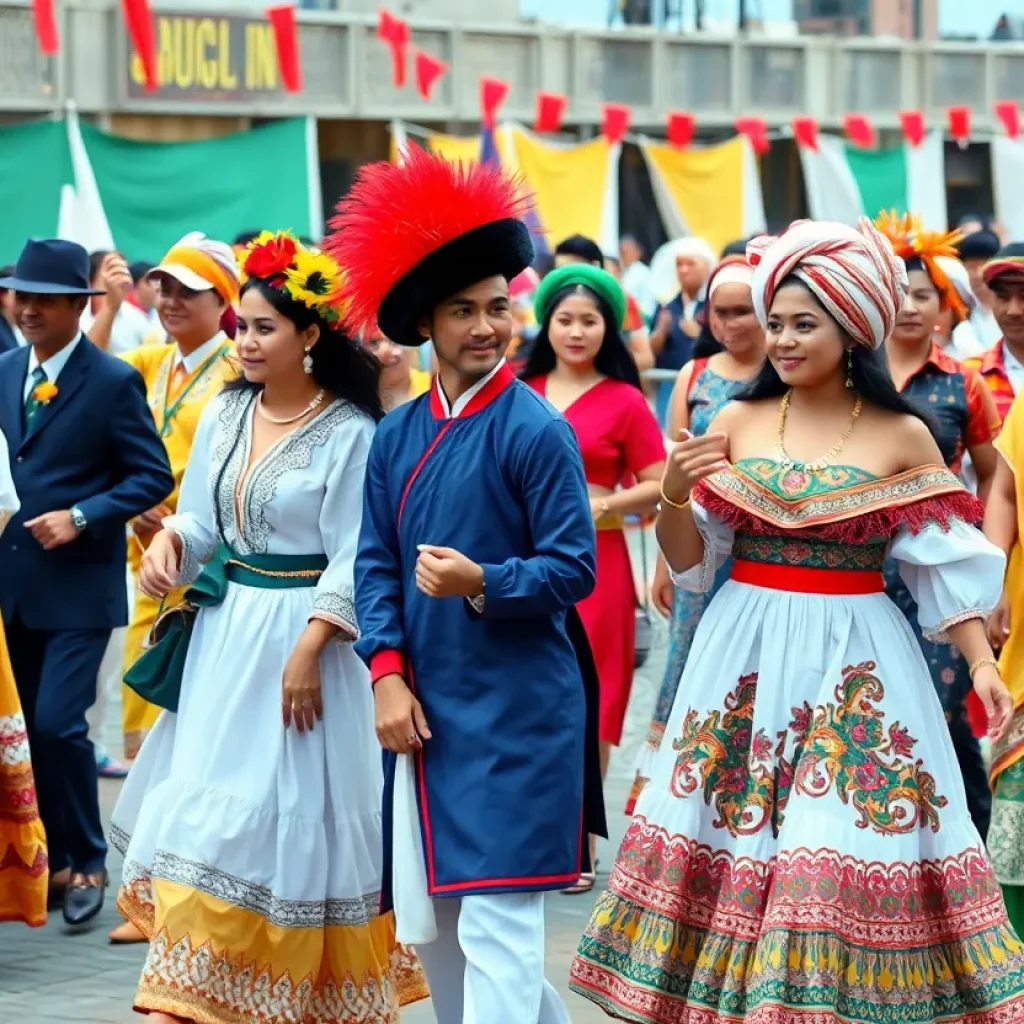 A diverse group of participants at the International Fashion Show displaying traditional outfits.