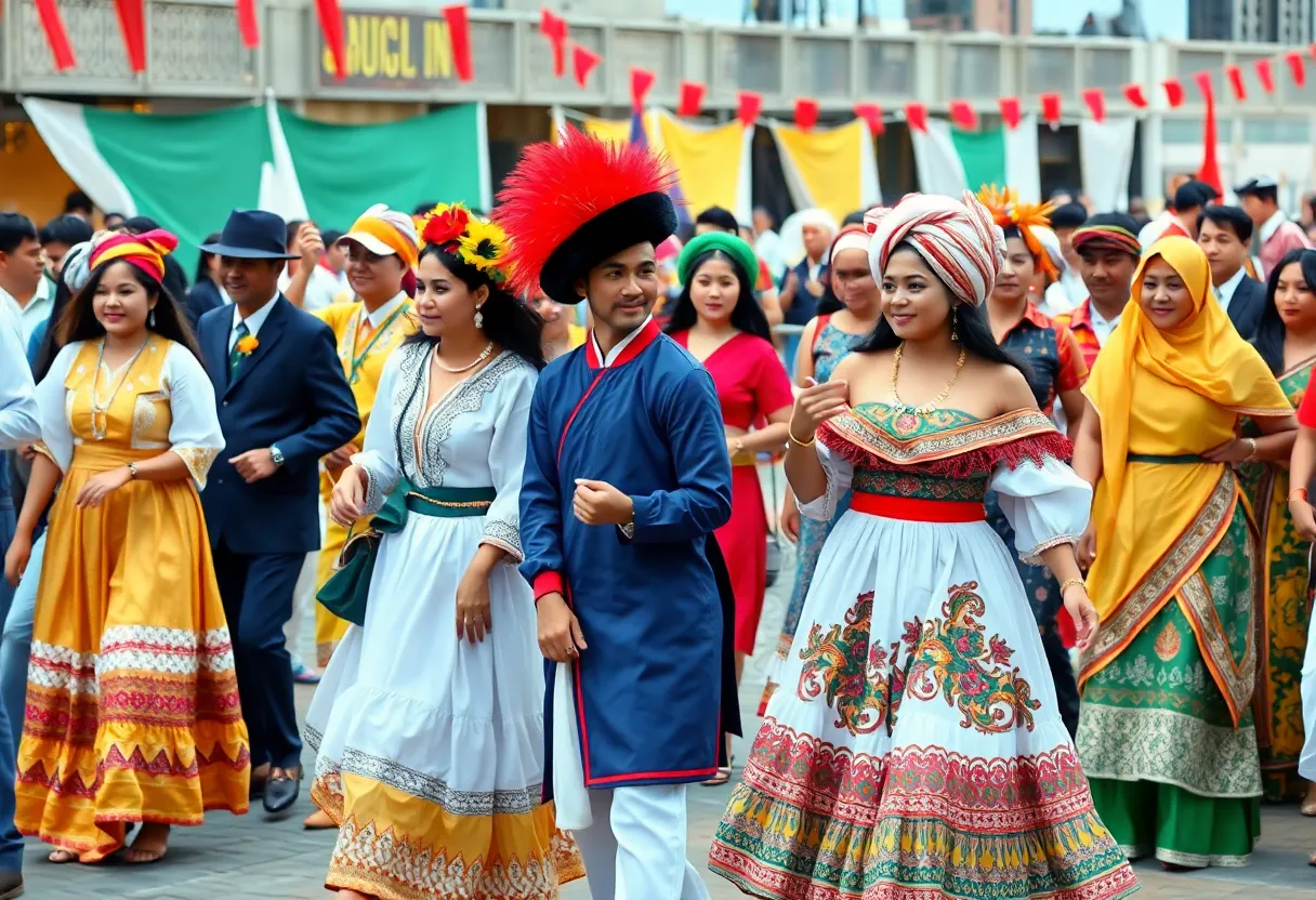 A diverse group of participants at the International Fashion Show displaying traditional outfits.