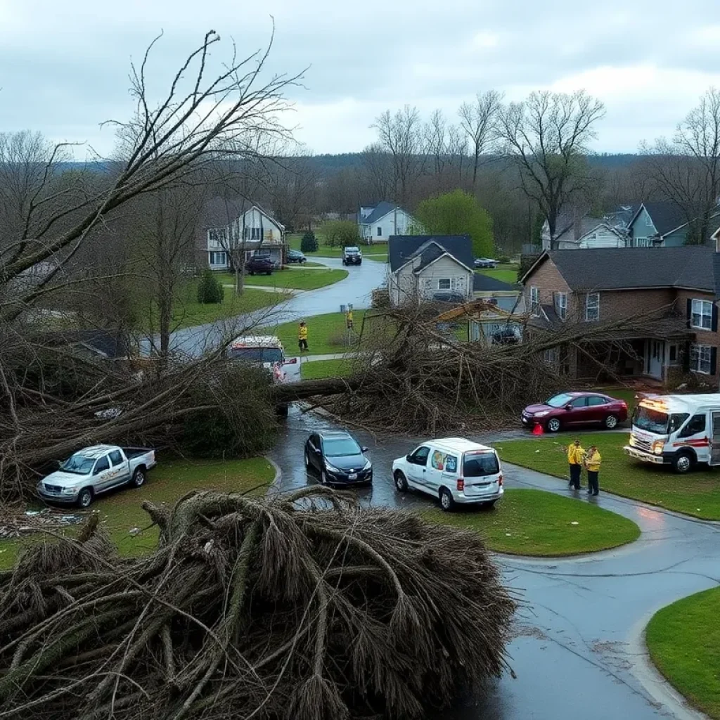 Damage from severe storms in Kentucky with emergency responders present.