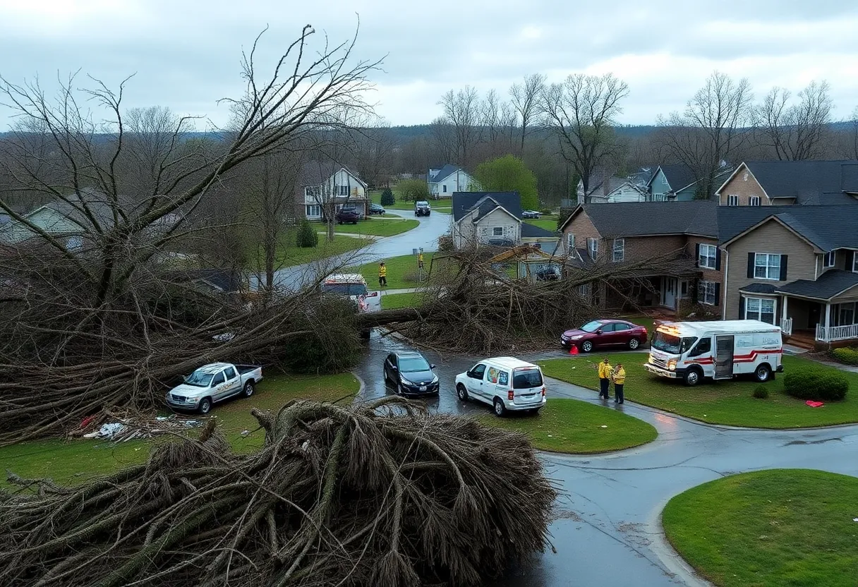 Damage from severe storms in Kentucky with emergency responders present.