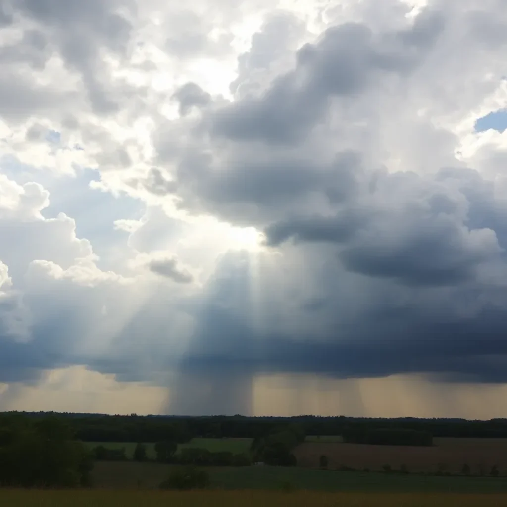 Kentucky landscape under summer clouds with sunlight breaking through