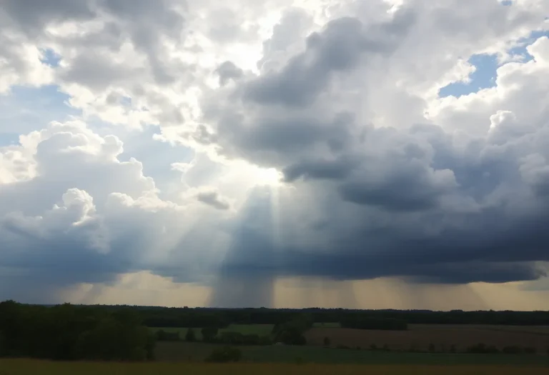 Kentucky landscape under summer clouds with sunlight breaking through