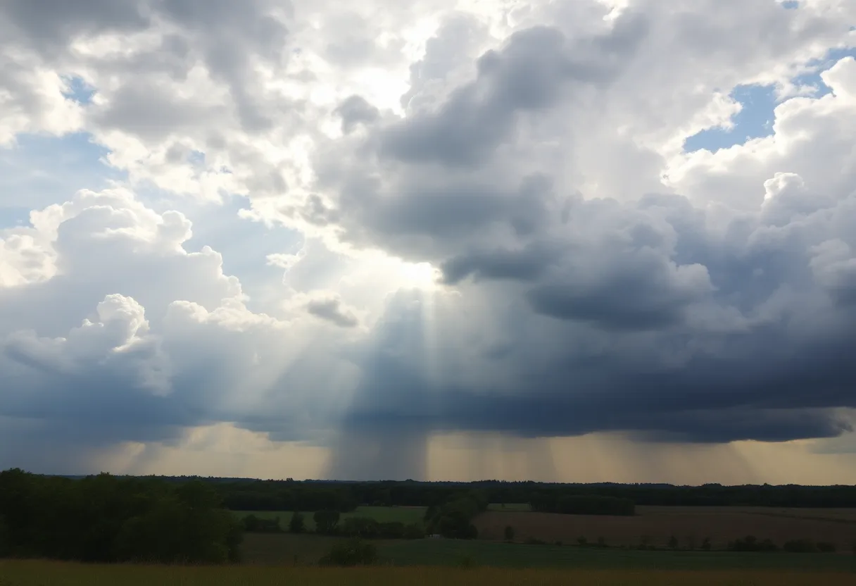Kentucky landscape under summer clouds with sunlight breaking through