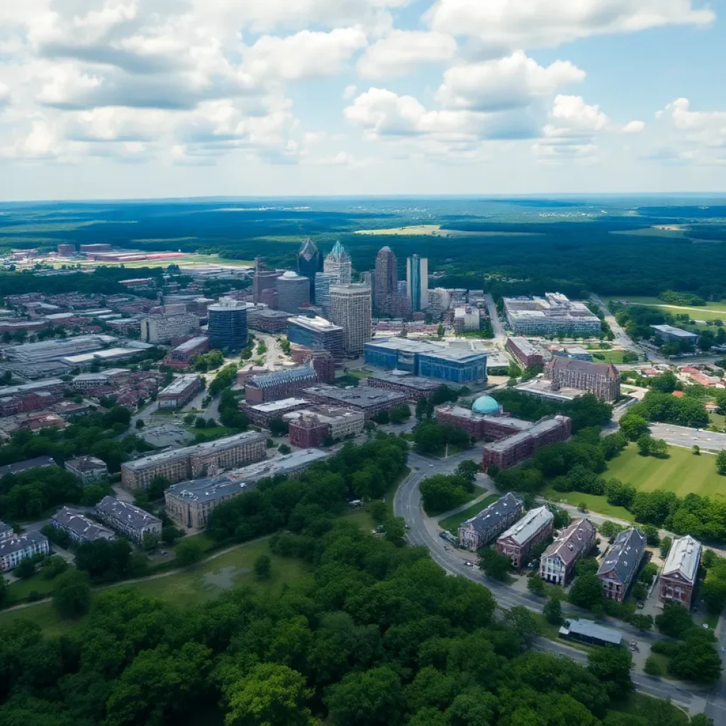 Aerial view of Lexington, Kentucky illustrating its landscape and urban development.