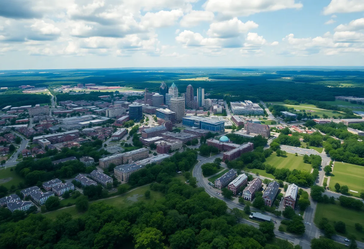Aerial view of Lexington, Kentucky illustrating its landscape and urban development.