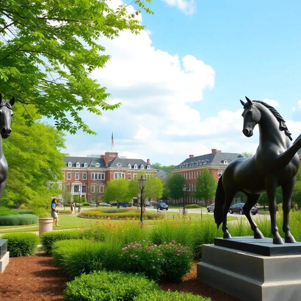 Scenic view of Lexington, KY showing horse statues and parks.