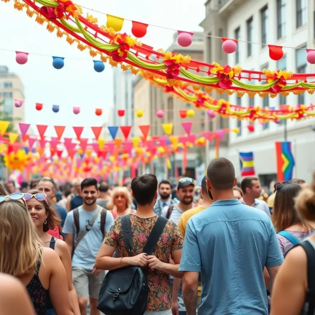 A vibrant scene at the Lexington LGBTQ festival with diverse attendees celebrating together.