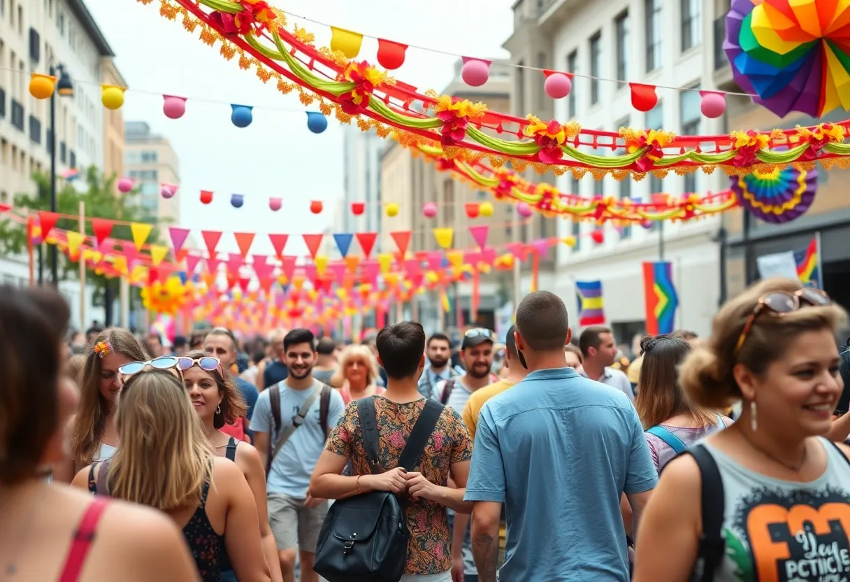 A vibrant scene at the Lexington LGBTQ festival with diverse attendees celebrating together.