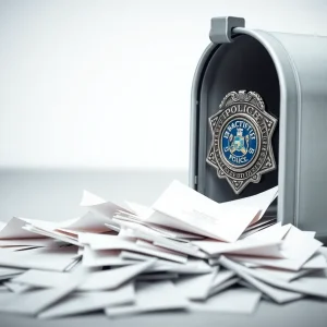 Broken mailbox with letters strewn around, symbolizing mail theft.