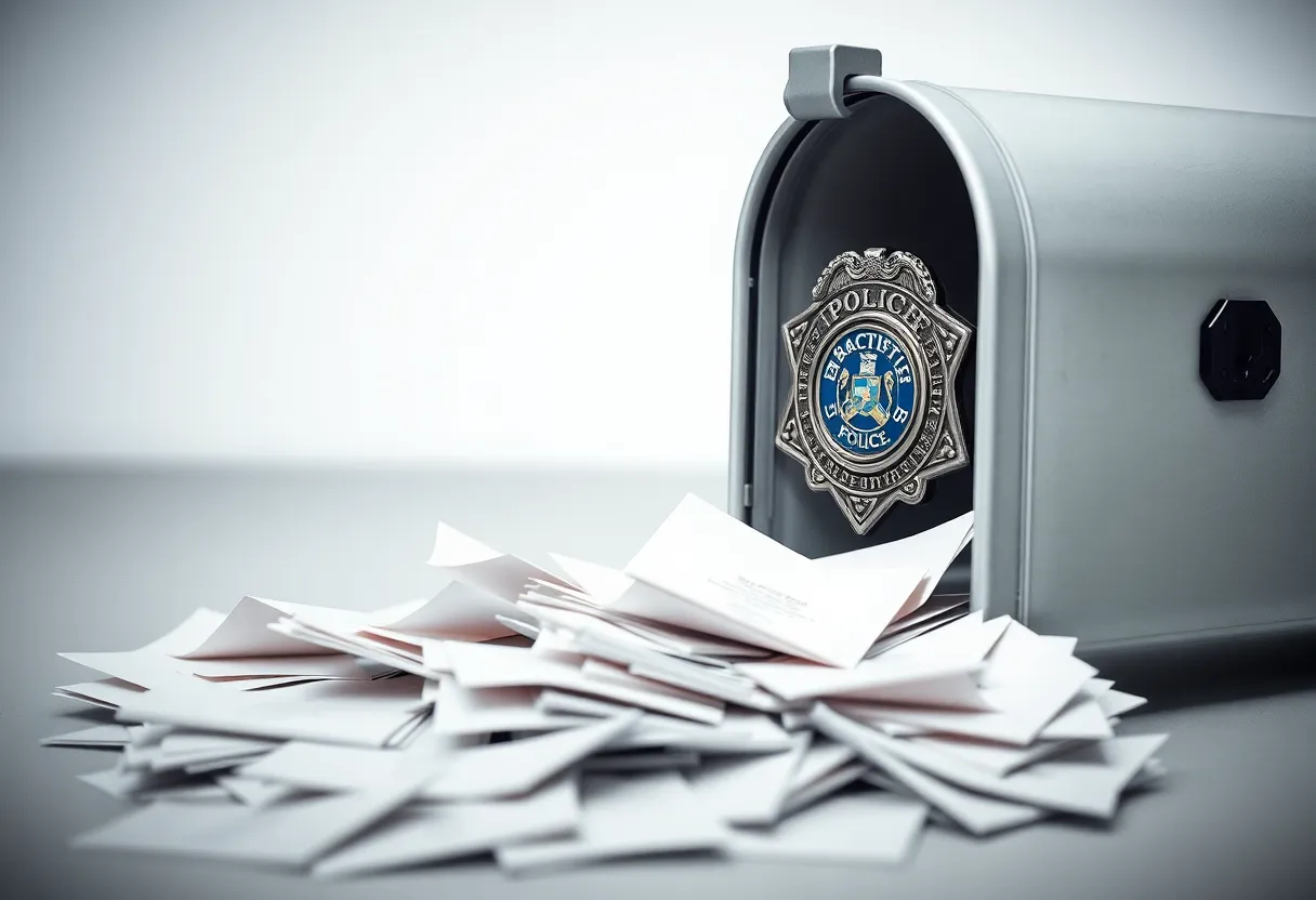 Broken mailbox with letters strewn around, symbolizing mail theft.